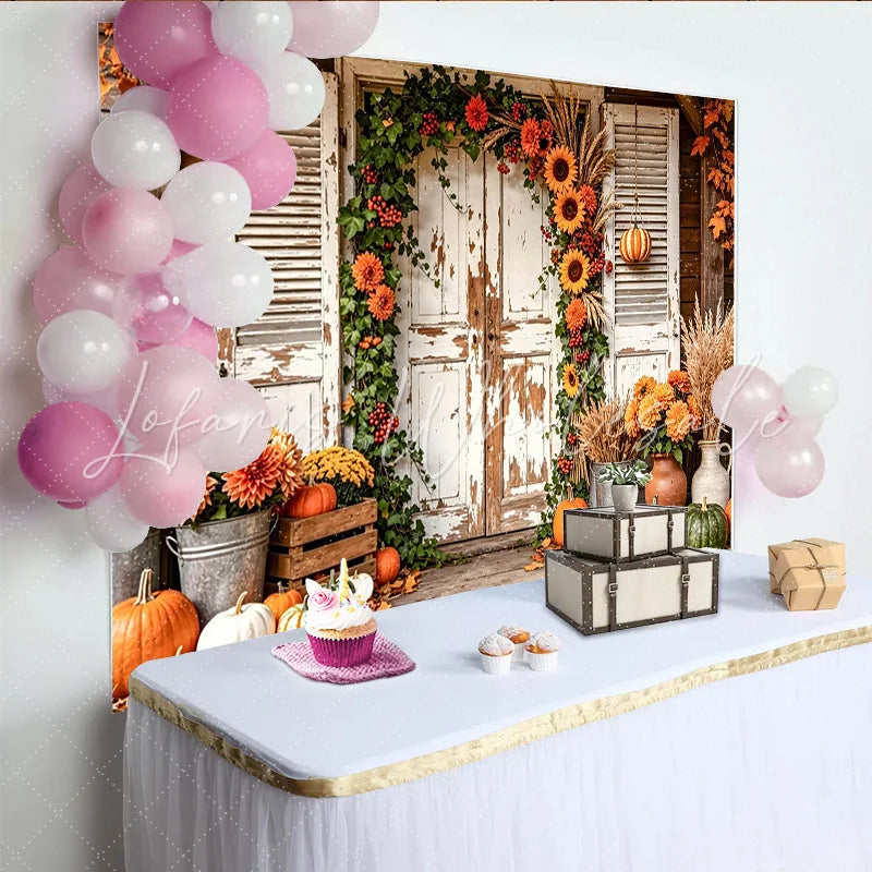Lofaris Rustic Autumn Harvest Backdrop with Pumpkins Sunflowers and Wooden Door Charming Fall Farmhouse Background for Thanksgiving Decor
