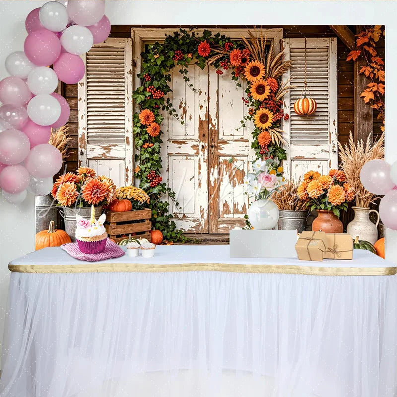 Lofaris Rustic Autumn Harvest Backdrop with Pumpkins Sunflowers and Wooden Door Charming Fall Farmhouse Background for Thanksgiving Decor