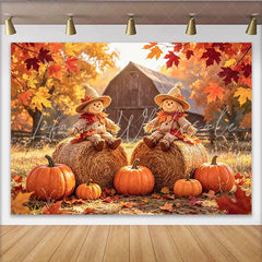 Lofaris Rustic Autumn Harvest Backdrop with Scarecrows and Pumpkins Farm Barn Photography Background for Fall Festival Decor
