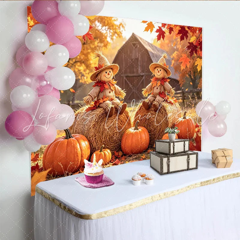Lofaris Rustic Autumn Harvest Backdrop with Scarecrows and Pumpkins Farm Barn Photography Background for Fall Festival Decor