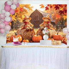 Lofaris Rustic Autumn Harvest Backdrop with Scarecrows and Pumpkins Farm Barn Photography Background for Fall Festival Decor