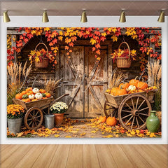 Lofaris Rustic Autumn Harvest Backdrop with Wooden Barn Door Colorful Maple Leaves and Pumpkins for Fall Photography