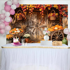 Lofaris Rustic Autumn Harvest Backdrop with Wooden Barn Door Colorful Maple Leaves and Pumpkins for Fall Photography