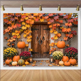 Lofaris Rustic Autumn Harvest Backdrop with Wooden Door and Maple Leaves Cozy Fall Porch Background for Thanksgiving Party Decor