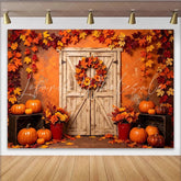 Lofaris Rustic Autumn Harvest Backdrop with Wooden Door Pumpkins and Fall Leaves Elegant Photography Background for Thanksgiving Party Decor