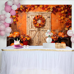 Lofaris Rustic Autumn Harvest Backdrop with Wooden Door Pumpkins and Fall Leaves Elegant Photography Background for Thanksgiving Party Decor