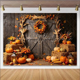 Lofaris Rustic Autumn Harvest Barn Door Backdrop with Pumpkins and Hay Bales Fall Festival Photography Background for Thanksgiving Decor