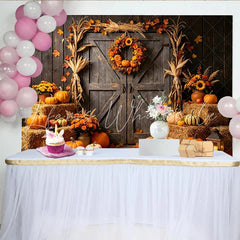 Lofaris Rustic Autumn Harvest Barn Door Backdrop with Pumpkins and Hay Bales Fall Festival Photography Background for Thanksgiving Decor