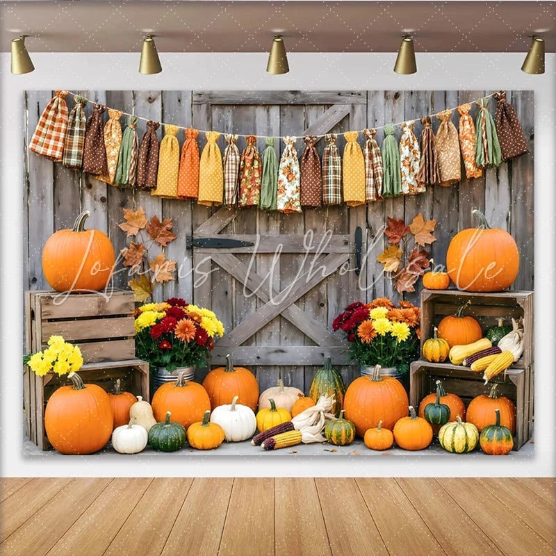 Lofaris Rustic Autumn Harvest Holiday Backdrop with Pumpkins and Fall Leaves Wooden Barn Door Background for Thanksgiving Party Decor