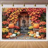 Lofaris Rustic Autumn Harvest Holiday Backdrop with Pumpkins and Fall Leaves Wooden Door Photography Background for Seasonal Decor