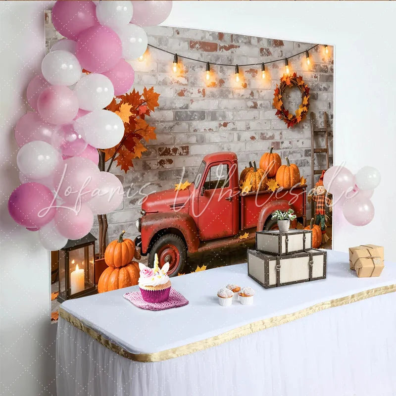 Lofaris Rustic Autumn Harvest Holiday Backdrop with Red Truck and Pumpkins Fall Photography Background for Thanksgiving Decor