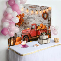 Lofaris Rustic Autumn Harvest Holiday Backdrop with Red Truck and Pumpkins Fall Photography Background for Thanksgiving Decor