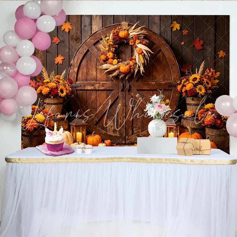 Lofaris Rustic Autumn Harvest Holiday Backdrop with Wooden Barn Door Pumpkins and Fall Leaves Seasonal Party Decor