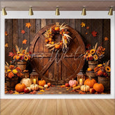 Lofaris Rustic Autumn Harvest Holiday Backdrop with Wooden Barn Door Pumpkins and Fall Leaves Seasonal Party Decor