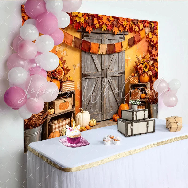 Lofaris Rustic Autumn Harvest Holiday Backdrop with Wooden Barn Door Vibrant Fall Leaves Photography Background for Thanksgiving