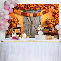 Lofaris Rustic Autumn Harvest Holiday Backdrop with Wooden Barn Door Vibrant Fall Leaves Photography Background for Thanksgiving