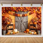 Lofaris Rustic Autumn Harvest Holiday Backdrop with Wooden Barn Door Vibrant Fall Leaves Photography Background for Thanksgiving