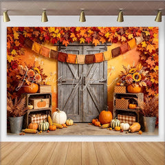 Lofaris Rustic Autumn Harvest Holiday Backdrop with Wooden Barn Door Vibrant Fall Leaves Photography Background for Thanksgiving