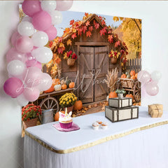 Lofaris Rustic Autumn Harvest Holiday Backdrop Wooden Shed with Pumpkins and Fall Leaves Photography Background for Seasonal Decor