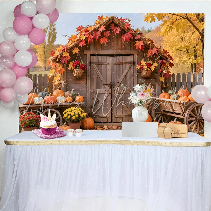 Lofaris Rustic Autumn Harvest Holiday Backdrop Wooden Shed with Pumpkins and Fall Leaves Photography Background for Seasonal Decor