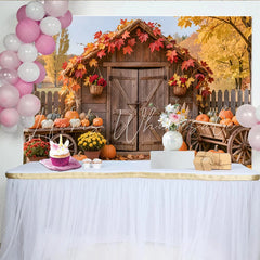 Lofaris Rustic Autumn Harvest Holiday Backdrop Wooden Shed with Pumpkins and Fall Leaves Photography Background for Seasonal Decor
