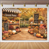 Lofaris Rustic Autumn Harvest Market Backdrop with Pumpkins and Sunflowers String Lights Fall Festival Photography Background.