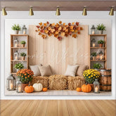 Lofaris Rustic Autumn Harvest Photography Backdrop with Pumpkins and Hay Bales Cozy Fall Studio Background for Seasonal Photoshoot