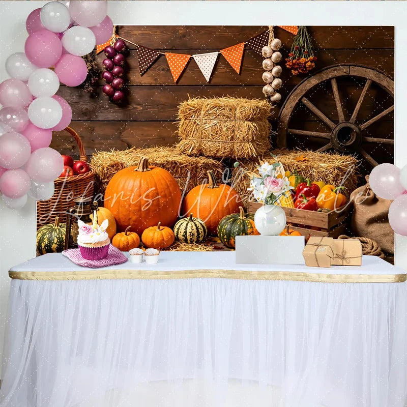 Lofaris Rustic Autumn Harvest Photography Backdrop with Pumpkins and Hay Wooden Farmhouse Background for Fall Festival Decor