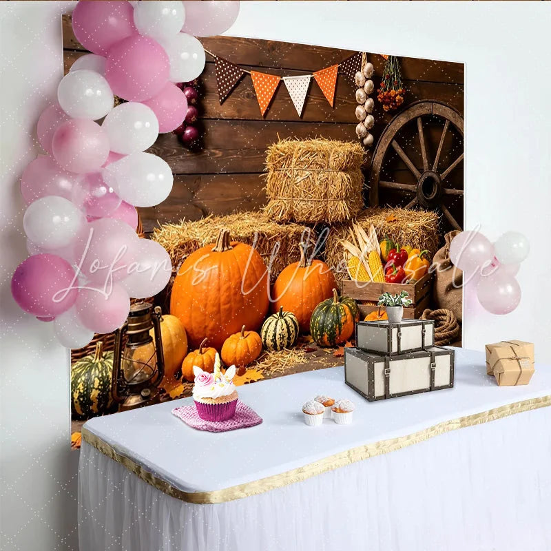 Lofaris Rustic Autumn Harvest Photography Backdrop with Pumpkins and Hay Wooden Farmhouse Background for Fall Festival Decor