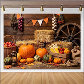 Lofaris Rustic Autumn Harvest Photography Backdrop with Pumpkins and Hay Wooden Farmhouse Background for Fall Festival Decor