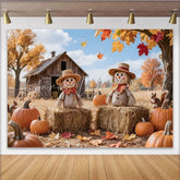 Lofaris Rustic Autumn Harvest Photography Backdrop with Scarecrows Pumpkins and Fall Leaves Barn Farm Background for Studio Photoshoot