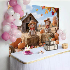 Lofaris Rustic Autumn Harvest Photography Backdrop with Scarecrows Pumpkins and Fall Leaves Barn Farm Background for Studio Photoshoot