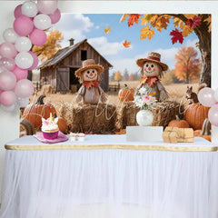 Lofaris Rustic Autumn Harvest Photography Backdrop with Scarecrows Pumpkins and Fall Leaves Barn Farm Background for Studio Photoshoot