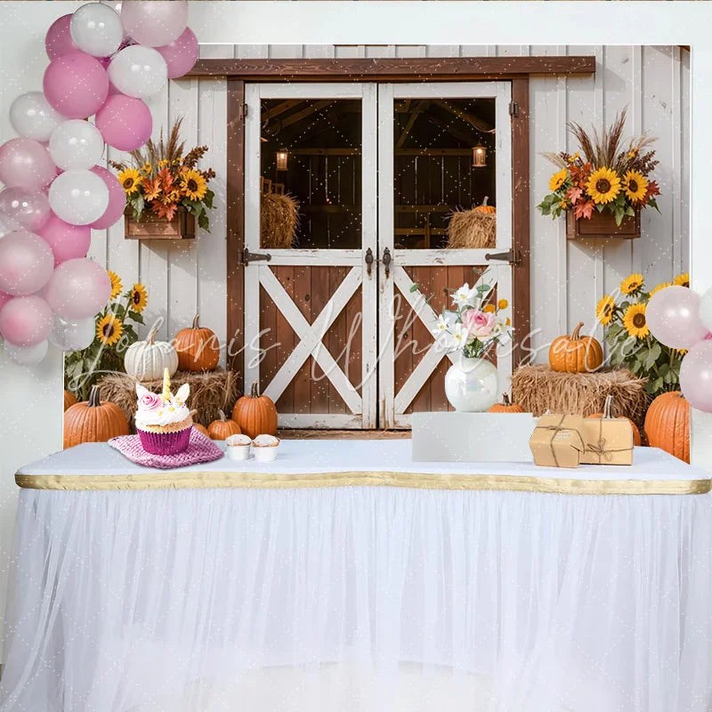 Lofaris Rustic Autumn Holiday Backdrop with Barn Door Pumpkins and Sunflowers Fall Harvest Photography Background for Seasonal Decor