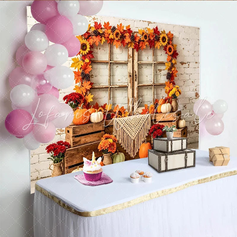 Lofaris Rustic Autumn Holiday Backdrop with Distressed Window Maple Leaves and Pumpkins Cozy Fall Harvest for Thanksgiving Party Decor