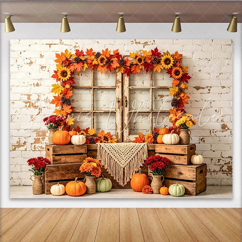 Lofaris Rustic Autumn Holiday Backdrop with Distressed Window Maple Leaves and Pumpkins Cozy Fall Harvest for Thanksgiving Party Decor