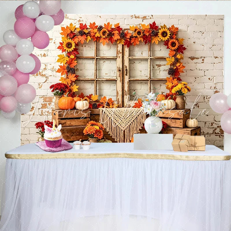 Lofaris Rustic Autumn Holiday Backdrop with Distressed Window Maple Leaves and Pumpkins Cozy Fall Harvest for Thanksgiving Party Decor