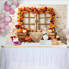 Lofaris Rustic Autumn Holiday Backdrop with Distressed Window Maple Leaves and Pumpkins Cozy Fall Harvest for Thanksgiving Party Decor