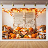 Lofaris Rustic Autumn Holiday Backdrop with Pumpkins and Hay Bales Distressed Wood Shutters Photography Background for Fall Studio