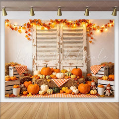 Lofaris Rustic Autumn Holiday Backdrop with Pumpkins and Hay Bales Distressed Wood Shutters Photography Background for Fall Studio