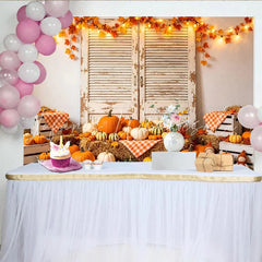 Lofaris Rustic Autumn Holiday Backdrop with Pumpkins and Hay Bales Distressed Wood Shutters Photography Background for Fall Studio