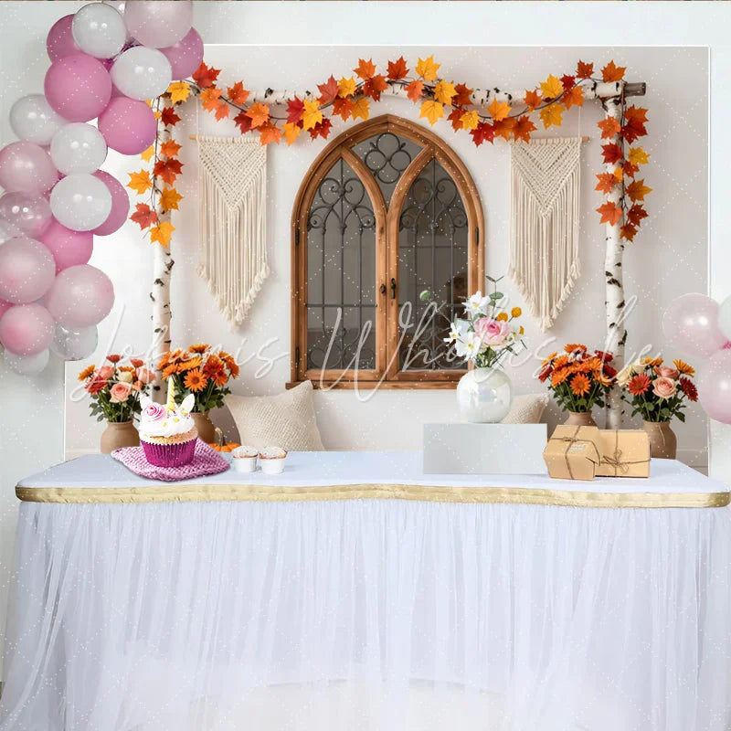 Lofaris Rustic Autumn Photography Backdrop with Arched Window and Fall Leaves Cozy Studio Background for Portrait Photoshoot and Event