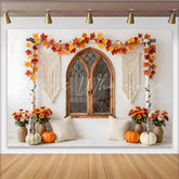 Lofaris Rustic Autumn Photography Backdrop with Arched Window and Fall Leaves Cozy Studio Background for Portrait Photoshoot and Event