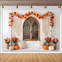 Lofaris Rustic Autumn Photography Backdrop with Arched Window and Fall Leaves Cozy Studio Background for Portrait Photoshoot and Event
