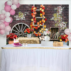 Lofaris Rustic Autumn Photography Backdrop with Fall Leaves and Brick Wall Vintage Hay Bale and Wagon Wheel Background for Studio Photoshoot