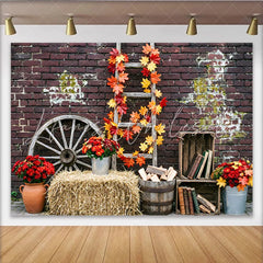 Lofaris Rustic Autumn Photography Backdrop with Fall Leaves and Brick Wall Vintage Hay Bale and Wagon Wheel Background for Studio Photoshoot