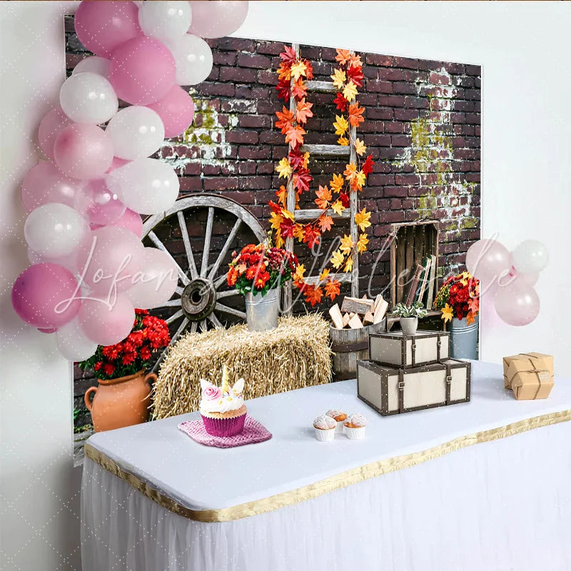 Lofaris Rustic Autumn Photography Backdrop with Fall Leaves and Brick Wall Vintage Hay Bale and Wagon Wheel Background for Studio Photoshoot