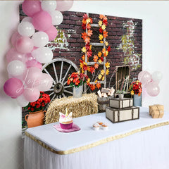 Lofaris Rustic Autumn Photography Backdrop with Fall Leaves and Brick Wall Vintage Hay Bale and Wagon Wheel Background for Studio Photoshoot