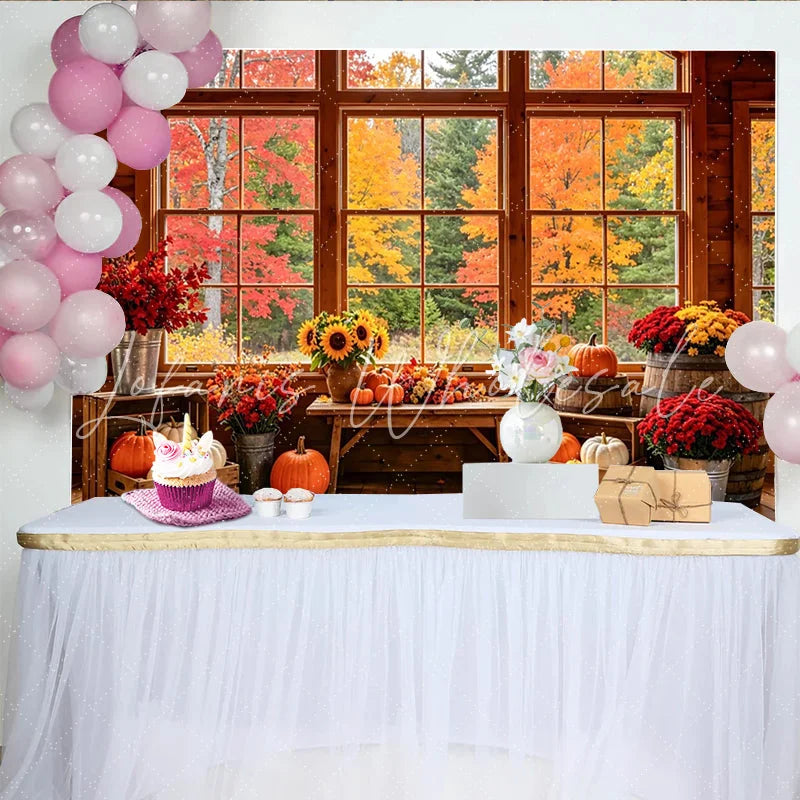 Lofaris Rustic Autumn Photography Backdrop with Fall Leaves Pumpkins and Sunflowers Cozy Cabin Window Background for Seasonal Photoshoot