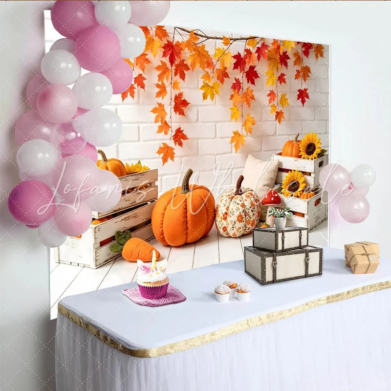 Lofaris Rustic Autumn Photography Backdrop with Fall Leaves Pumpkins and Sunflowers Cozy Studio Background for Seasonal Photoshoot
